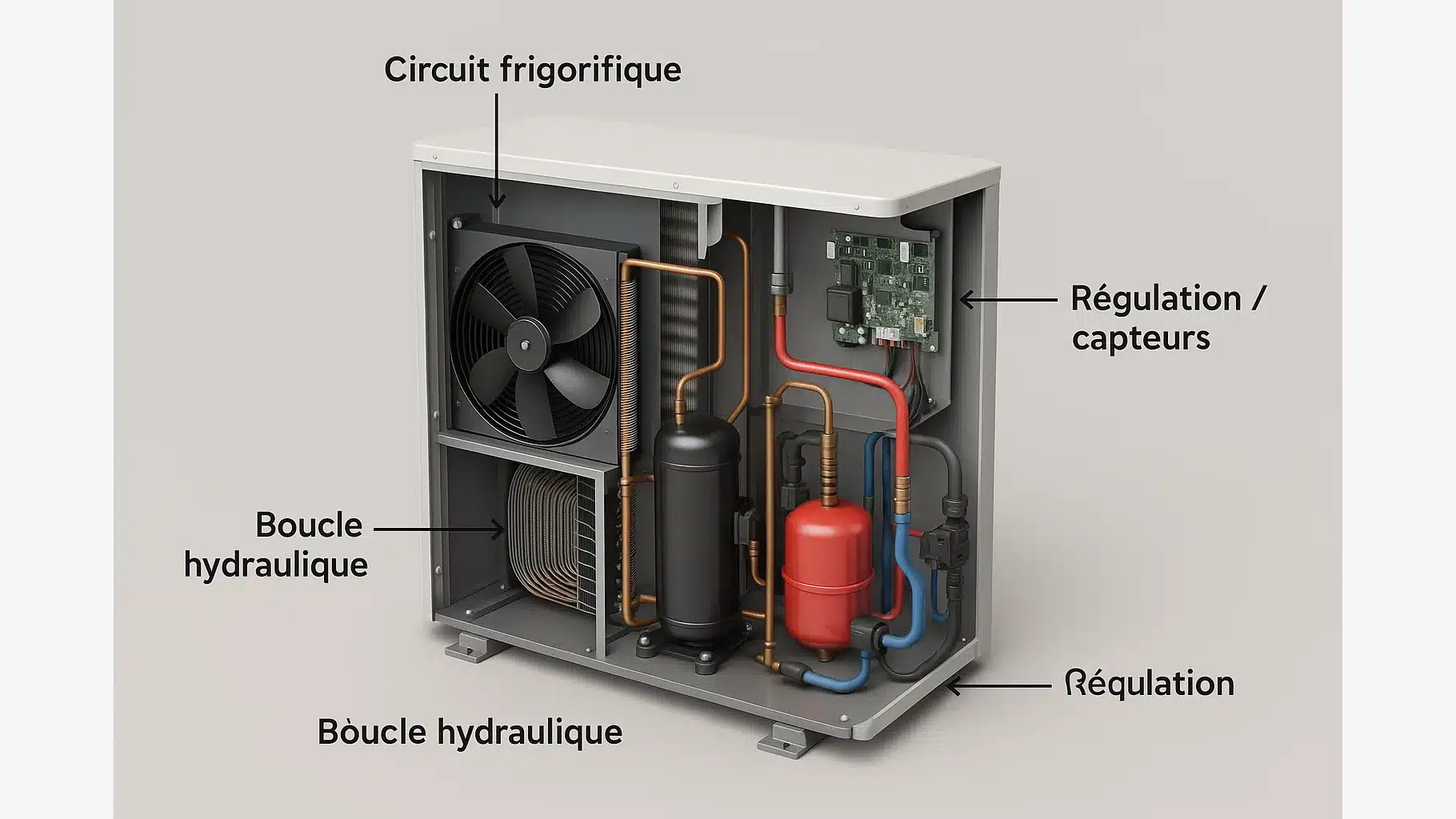 Schéma PAC air-eau coupe 3D